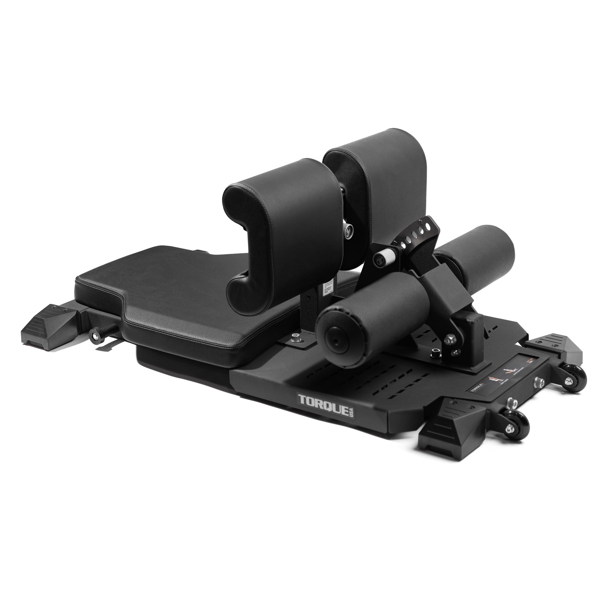 A black Torque sissy squat and floor glute ham developer exercise machine with adjustable pads and knobs.